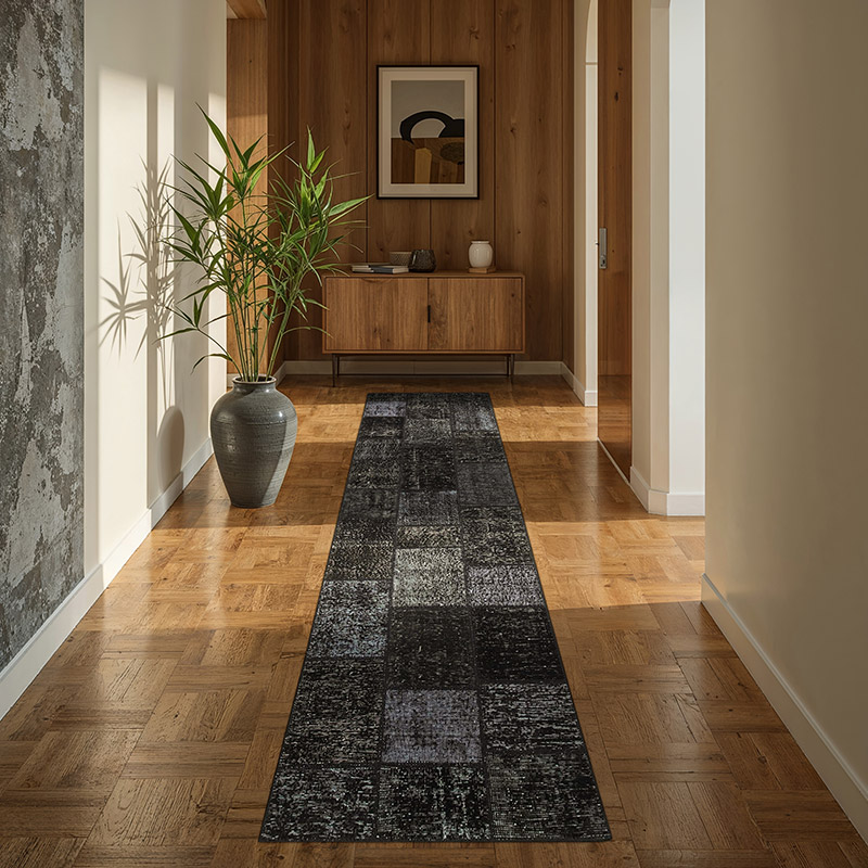 Negro Alfombra De Retazos Turca Sobre-teñida - 85 cm x 299 cm - K0049632