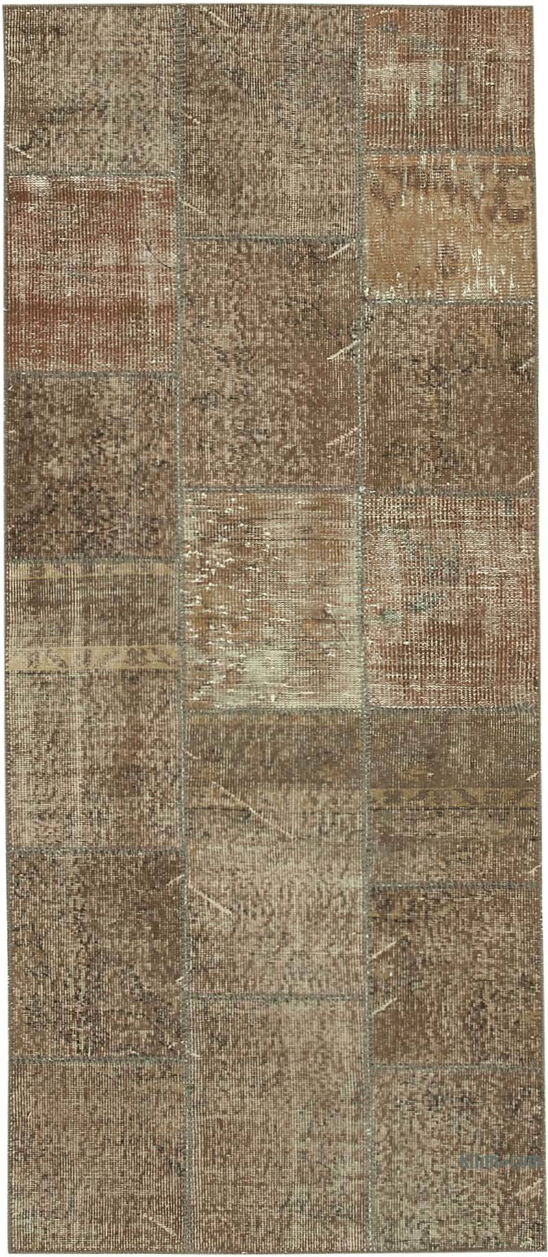 Brown Patchwork Hand-Knotted Turkish Runner - 3'  x 7' 1" (36 in. x 85 in.) - K0049635