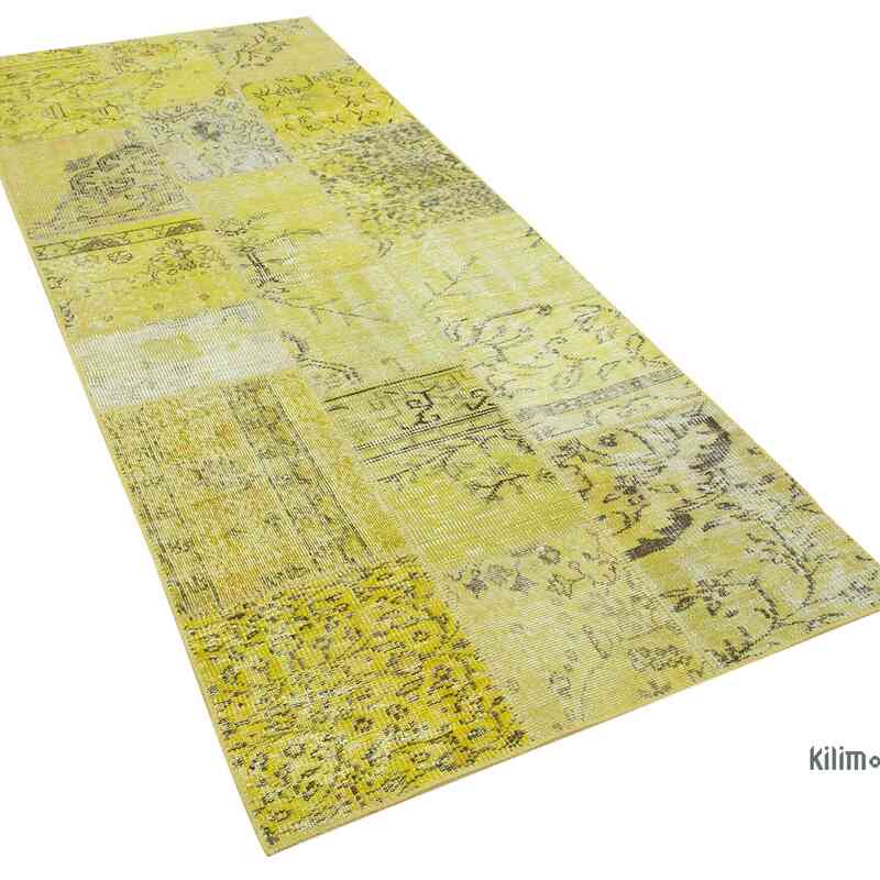 Sarı Boyalı Patchwork Halı - 107 cm x 257 cm - K0049646