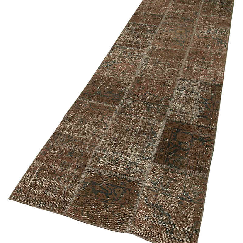 Marrón Alfombra De Retazos Turca Sobre-teñida - 86 cm x 306 cm - K0049655