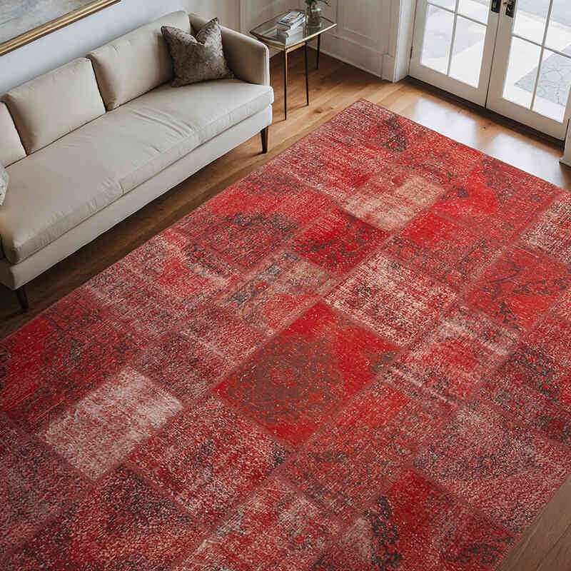 Rojo Alfombra De Retazos Turca Sobre-teñida - 250 cm x 350 cm - K0049693