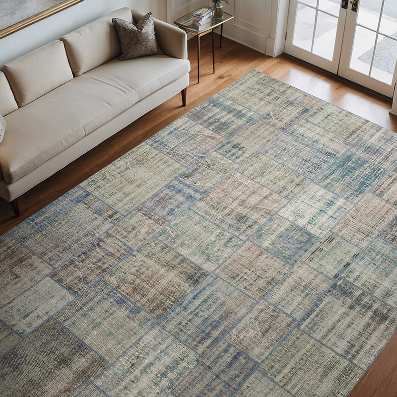 Azul Alfombra De Retazos Turca Sobre-teñida - 240 cm x 333 cm - K0049704