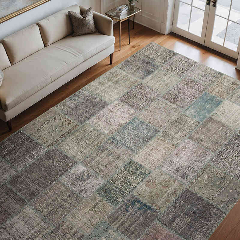 Mavi, Gri Boyalı Patchwork Halı - 253 cm x 352 cm - K0049705