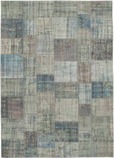 蓝色拼布手结土耳其地毯- 8英尺2英寸x11英尺6英寸(98英寸)。x 138。)