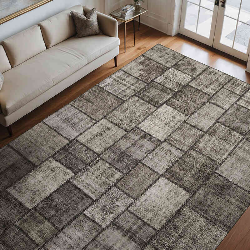 Black Patchwork Hand-Knotted Turkish Rug - 8' 4" x 11' 7" (100" x 139") - K0049742