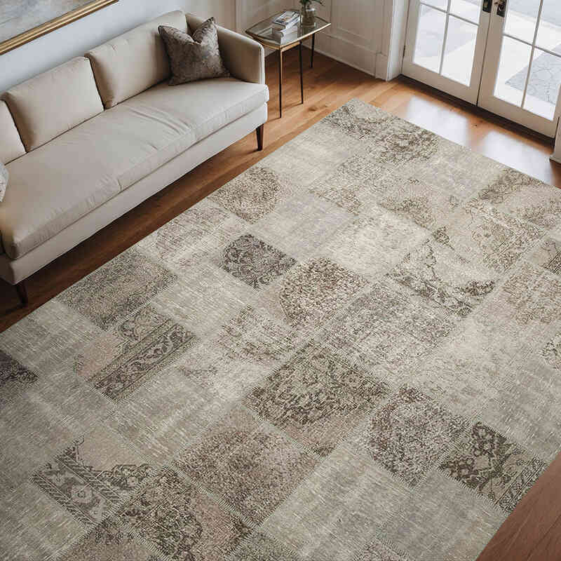 Gris Alfombra De Retazos Turca Sobre-teñida - 251 cm x 357 cm - K0049749