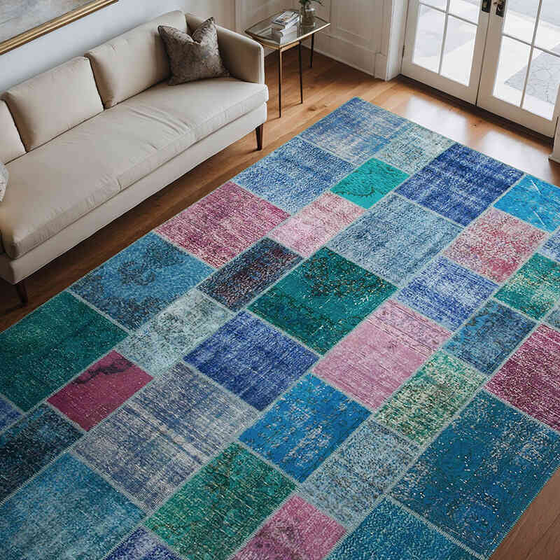 Azul Oscuro Alfombra De Retazos Turca Sobre-teñida - 258 cm x 356 cm - K0049764