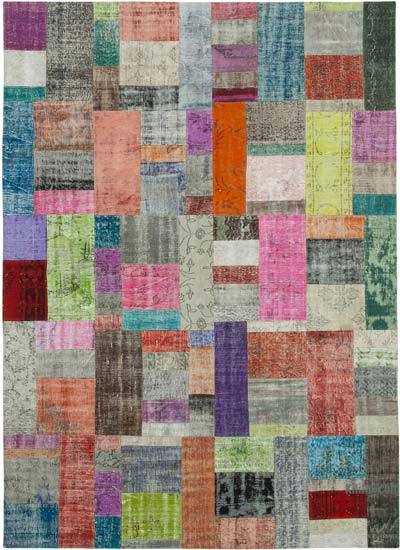多色拼布手工打结的土耳其地毯-8'3“ x 11'6”（99英寸x 138英寸）