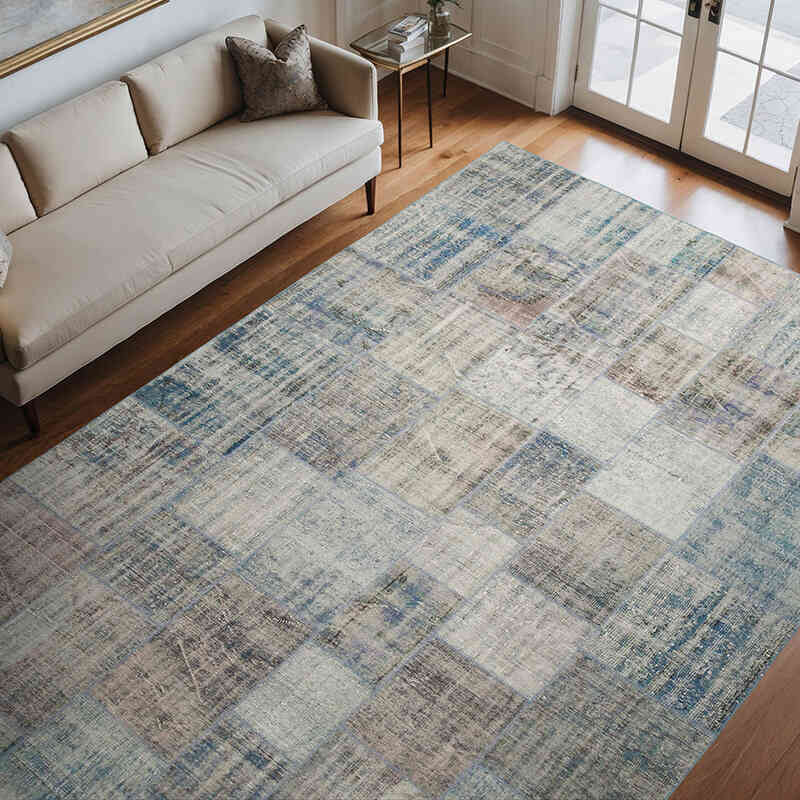 Azul Alfombra De Retazos Turca Sobre-teñida - 247 cm x 356 cm - K0049838