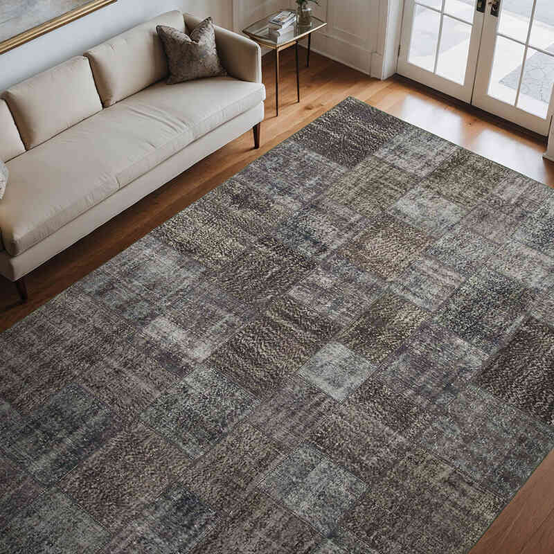 Gris Alfombra De Retazos Turca Sobre-teñida - 247 cm x 352 cm - K0049843