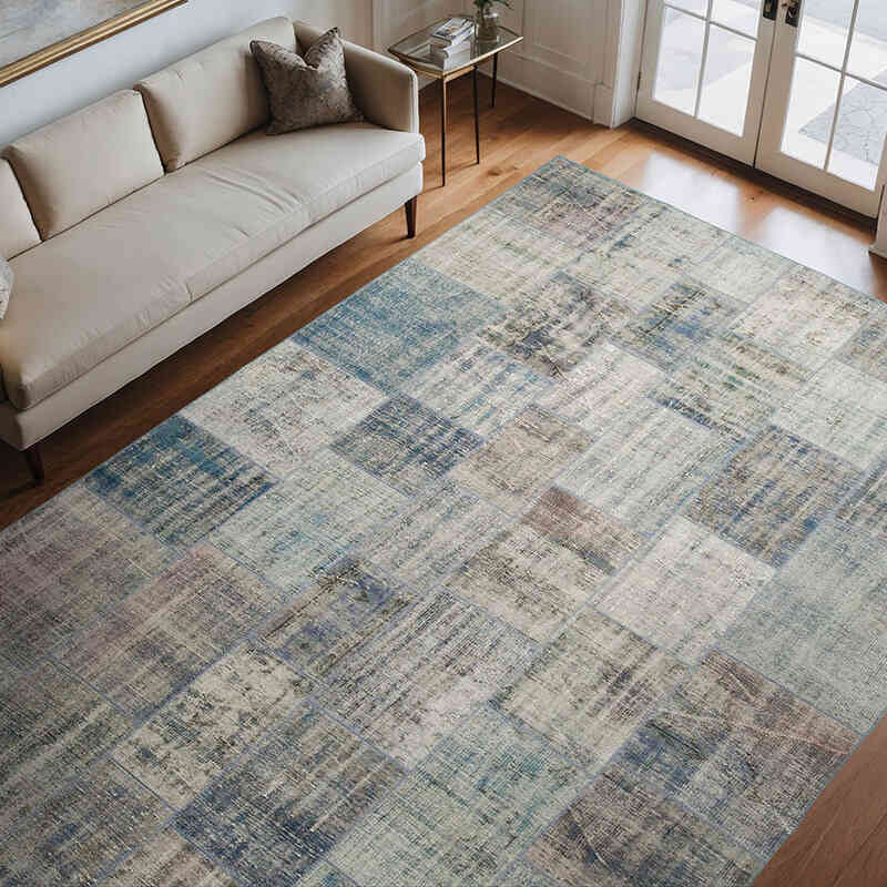 Mavi Boyalı Patchwork Halı - 245 cm x 353 cm - K0049851