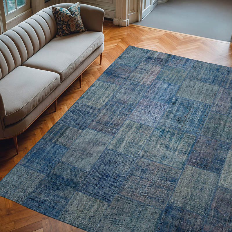 Blue Patchwork Hand-Knotted Turkish Rug - 8'  x 9' 9" (96" x 117") - K0049884