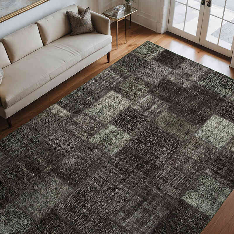 Black Patchwork Hand-Knotted Turkish Rug - 8' 2" x 11' 7" (98" x 139") - K0049919