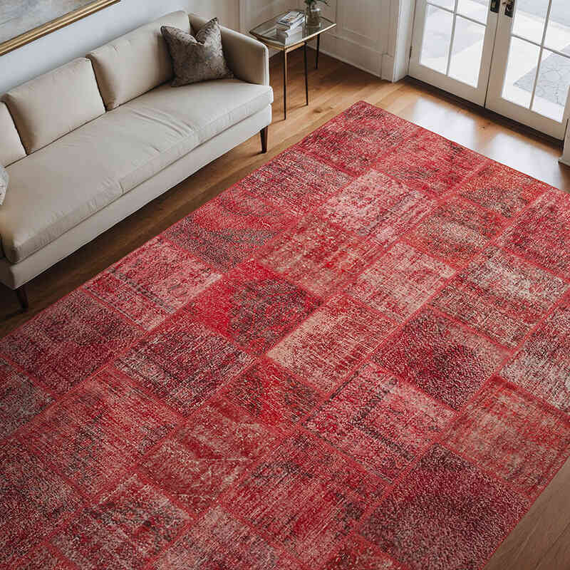 Rojo Alfombra De Retazos Turca Sobre-teñida - 250 cm x 355 cm - K0049933
