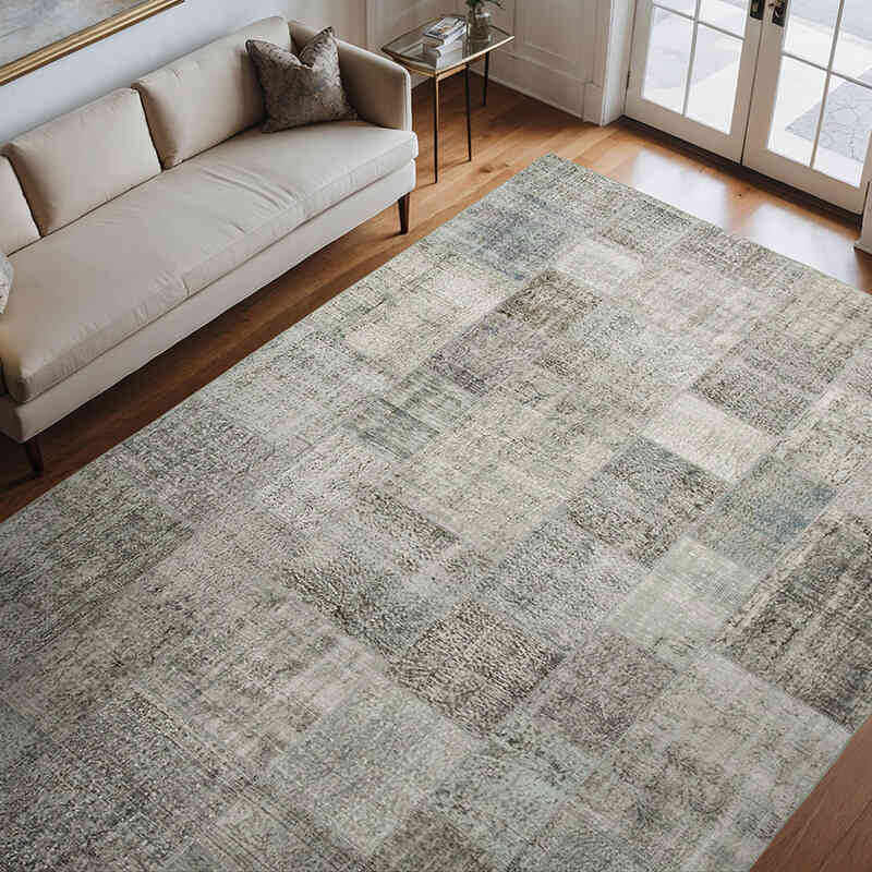 Gray Patchwork Hand-Knotted Turkish Rug - 8' 2" x 11' 6" (98" x 138") - K0049938