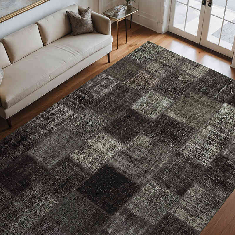 Black Patchwork Hand-Knotted Turkish Rug - 8' 2" x 11' 7" (98" x 139") - K0049943