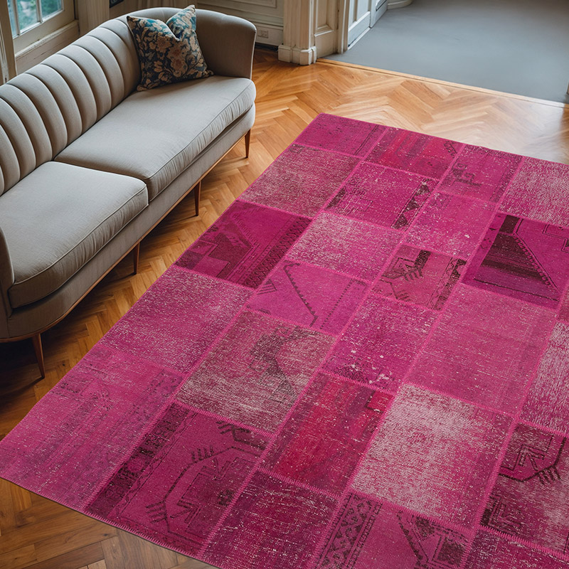 Pembe Boyalı Patchwork Halı - 250 cm x 302 cm - K0049977