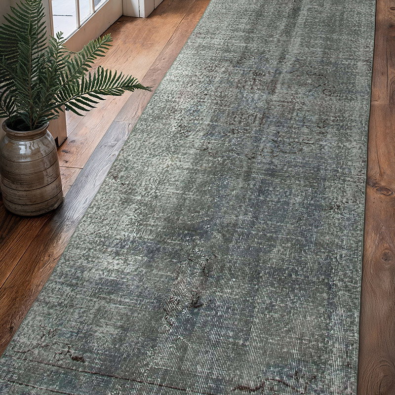 Gri Boyalı El Dokuma Vintage Halı Yolluk - 90 cm x 312 cm - K0050076