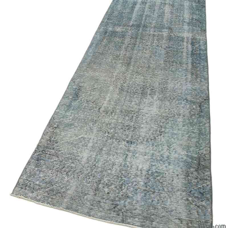 Açık Mavi Boyalı El Dokuma Vintage Halı Yolluk - 90 cm x 315 cm - K0050152