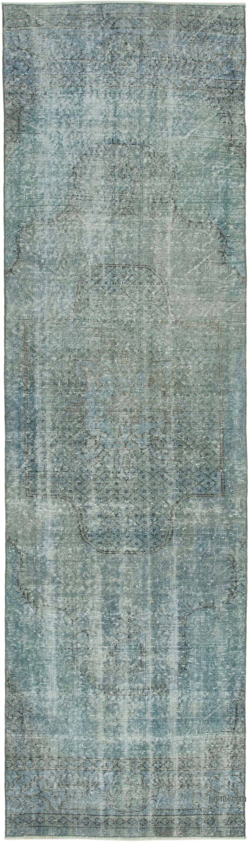 Açık Mavi Boyalı El Dokuma Vintage Halı Yolluk - 90 cm x 315 cm - K0050152