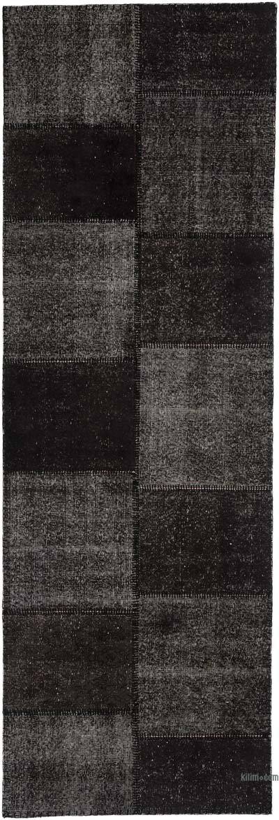 Black Patchwork Hand-Knotted Turkish Runner - 3' 3" x 9' 10" (39 in. x 118 in.)