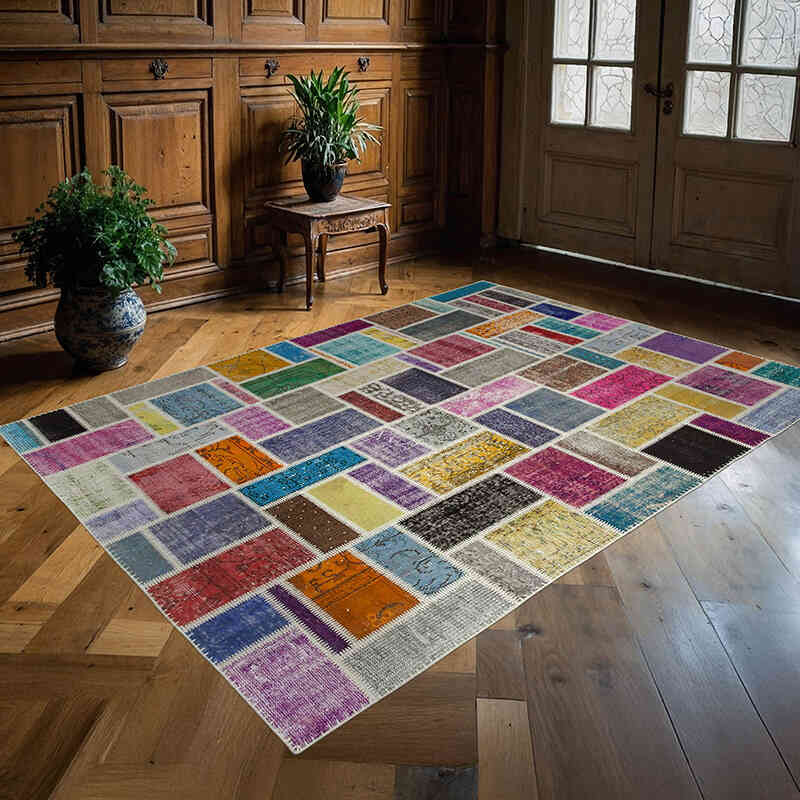 Multicolor Patchwork Hand-Knotted Turkish Rug - 5' 9" x 7' 9" (69" x 93") - K0051044