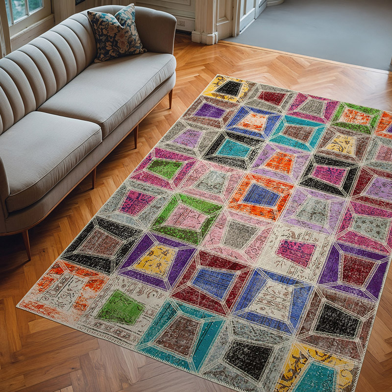 Multicolor Alfombra De Retazos Turca Sobre-teñida - 191 cm x 277 cm - K0051046