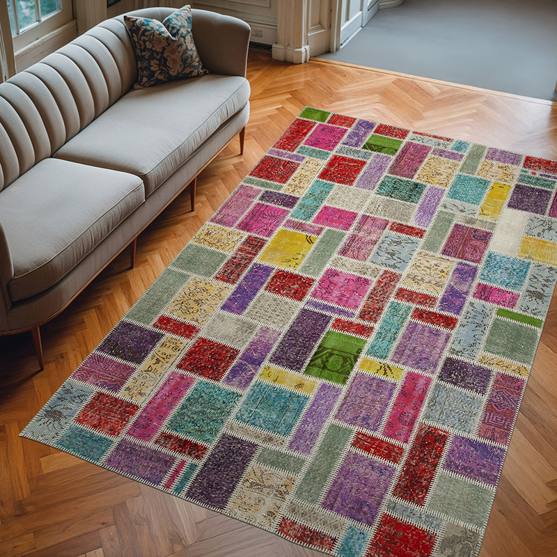 Multicolor Patchwork Hand-Knotted Turkish Rug - 6' 3" x 9' 5" (75" x 113") - K0051048