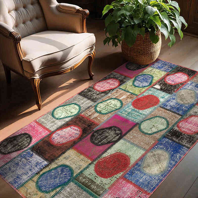 Multicolor Patchwork Hand-Knotted Turkish Rug - 4' 7" x 6' 7" (55" x 79") - K0051050