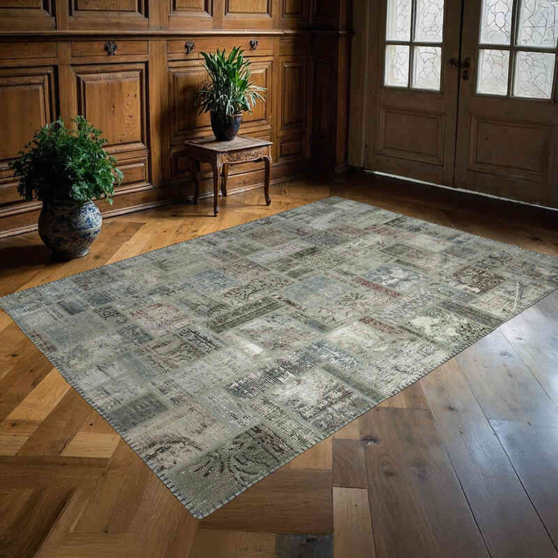 Gray Patchwork Hand-Knotted Turkish Rug - 5' 8" x 7' 9" (68" x 93") - K0051052