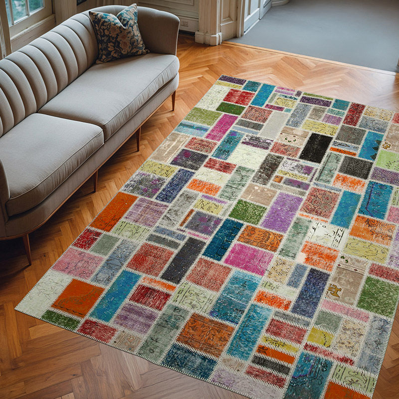 Multicolor Patchwork Hand-Knotted Turkish Rug - 6' 9" x 9' 8" (81" x 116") - K0051058