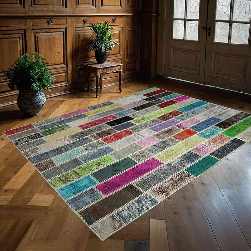 Multicolor Patchwork Hand-Knotted Turkish Rug - 5' 10" x 7' 11" (70" x 95") - K0051060