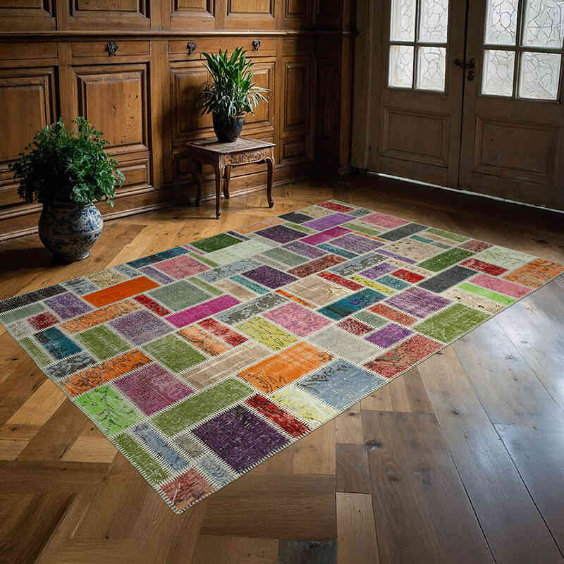 Multicolor Patchwork Hand-Knotted Turkish Rug - 5' 9" x 8' 4" (69" x 100") - K0051063