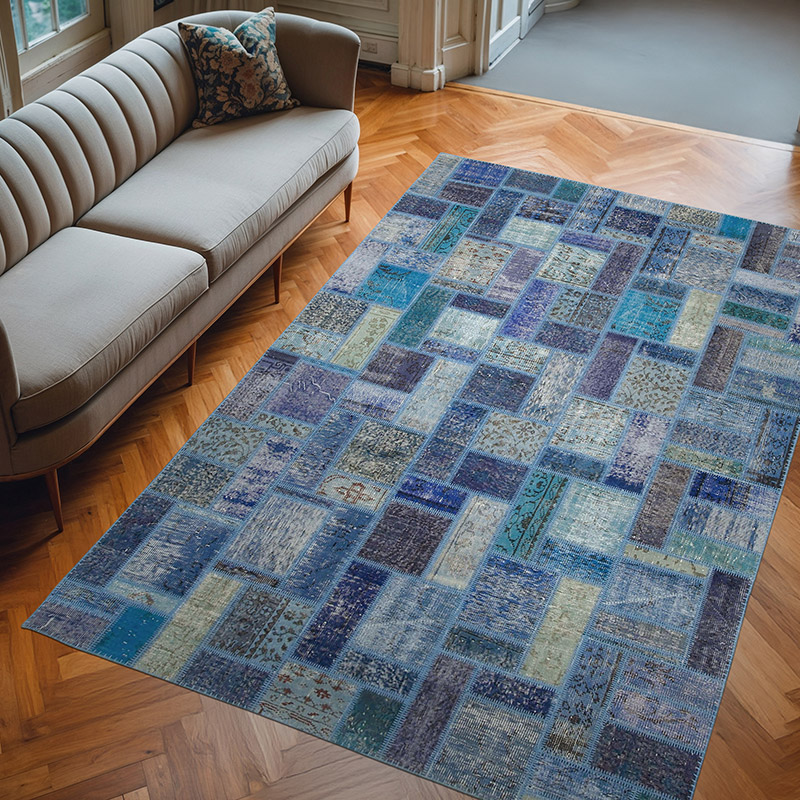 Azul Alfombra De Retazos Turca Sobre-teñida - 200 cm x 298 cm - K0051068