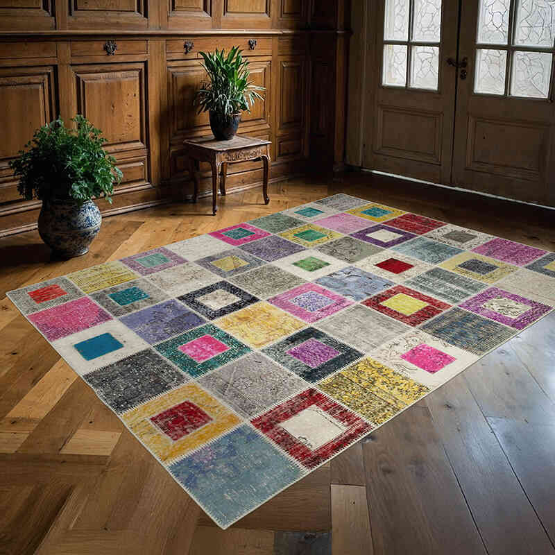 Multicolor Patchwork Hand-Knotted Turkish Rug - 5' 10" x 7' 9" (70" x 93") - K0051072
