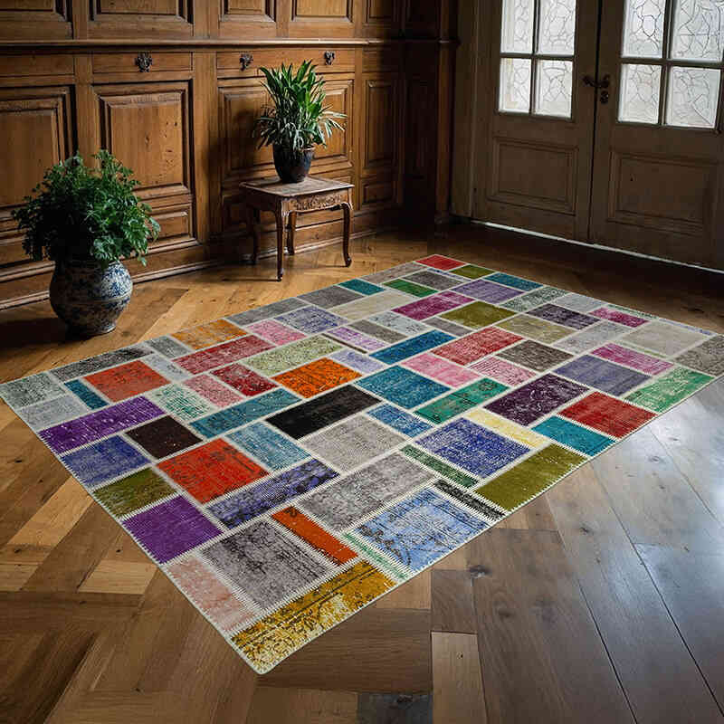 Multicolor Patchwork Hand-Knotted Turkish Rug - 5' 8" x 7' 10" (68" x 94") - K0051080