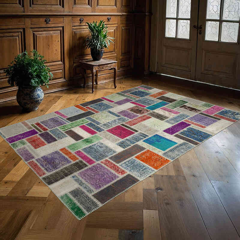Multicolor Alfombra De Retazos Turca Sobre-teñida - 175 cm x 254 cm - K0051082