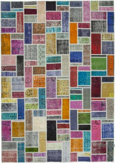 Multicolor Patchwork Hand-Knotted Turkish Rug - 6' 11" x 9' 9" (83 in. x 117 in.)