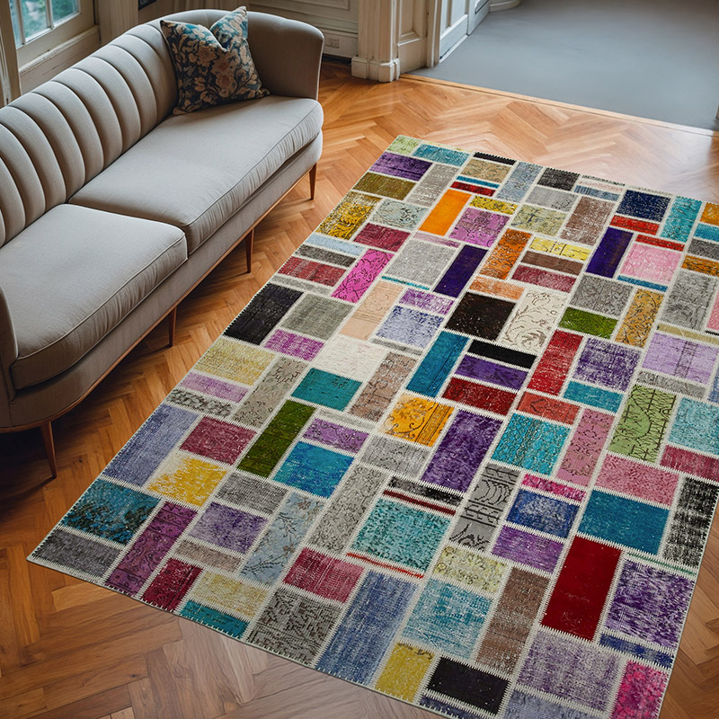 Multicolor Patchwork Hand-Knotted Turkish Rug - 6' 11" x 9' 9" (83" x 117") - K0051097