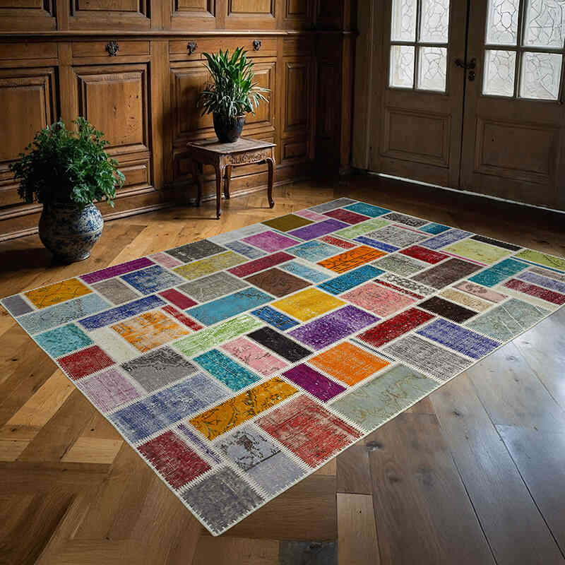 Multicolor Alfombra De Retazos Turca Sobre-teñida - 176 cm x 236 cm - K0051103
