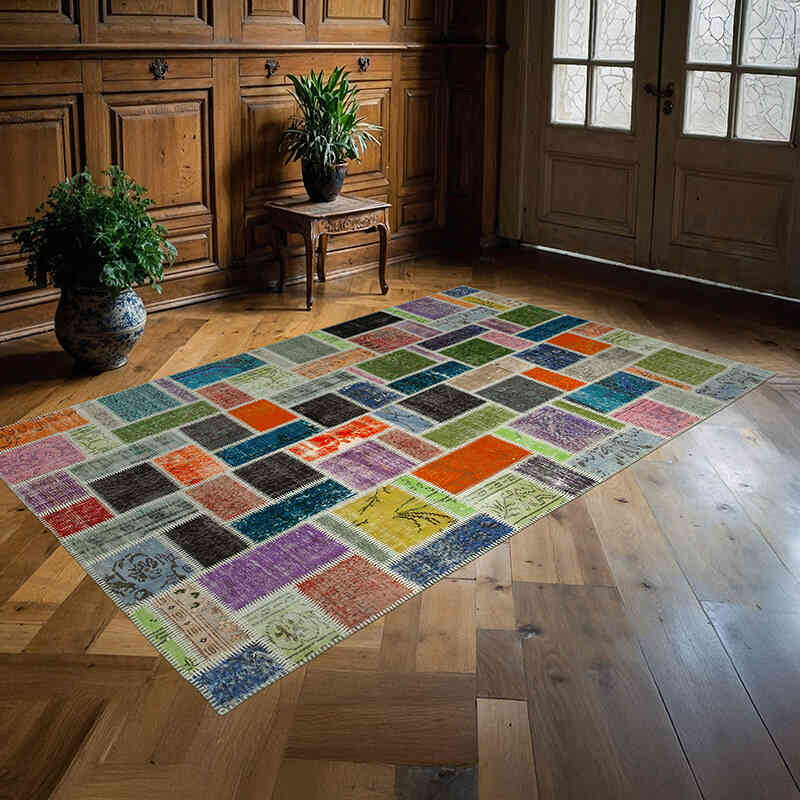 Multicolor Alfombra De Retazos Turca Sobre-teñida - 164 cm x 255 cm - K0051113