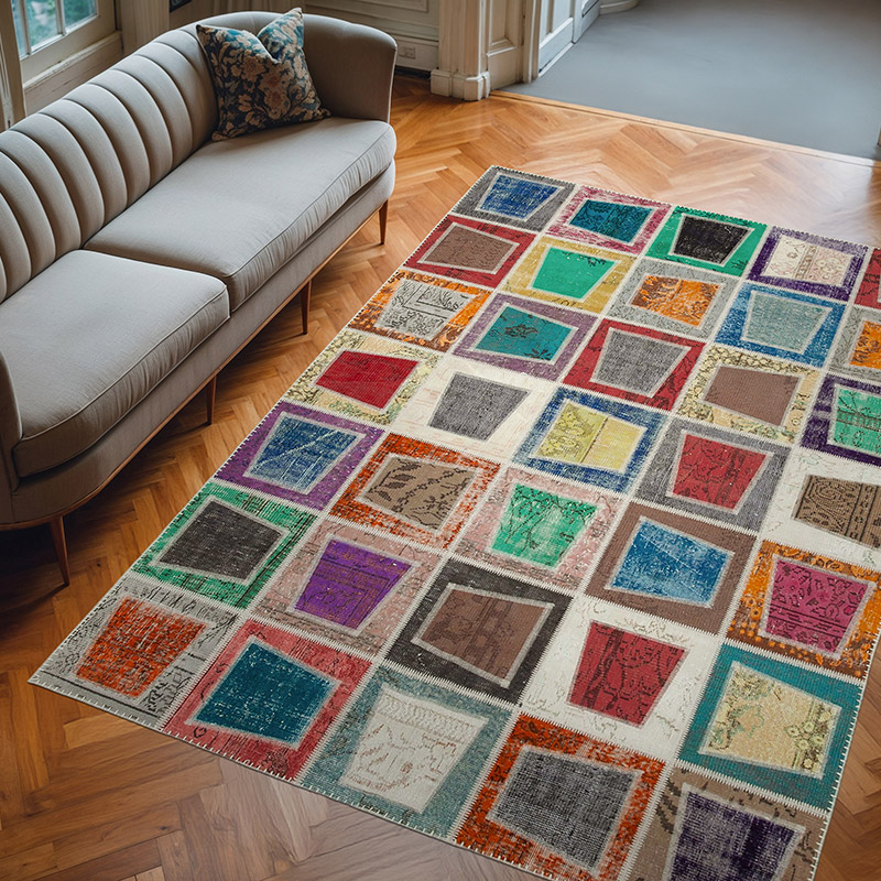 Multicolor Patchwork Hand-Knotted Turkish Rug - 6' 7" x 9' 2" (79" x 110") - K0051115