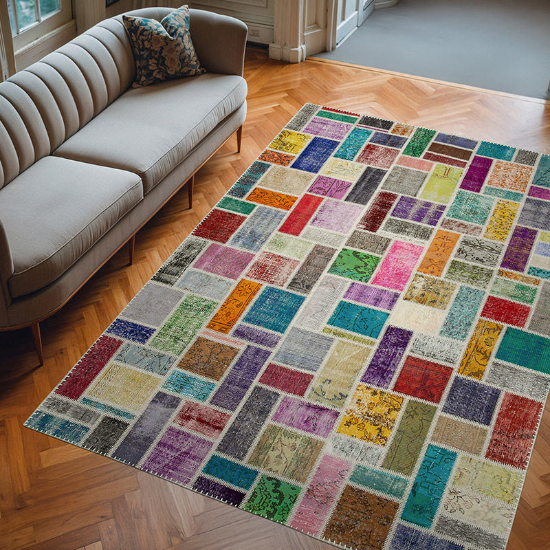 Multicolor Alfombra De Retazos Turca Sobre-teñida - 210 cm x 296 cm - K0051116