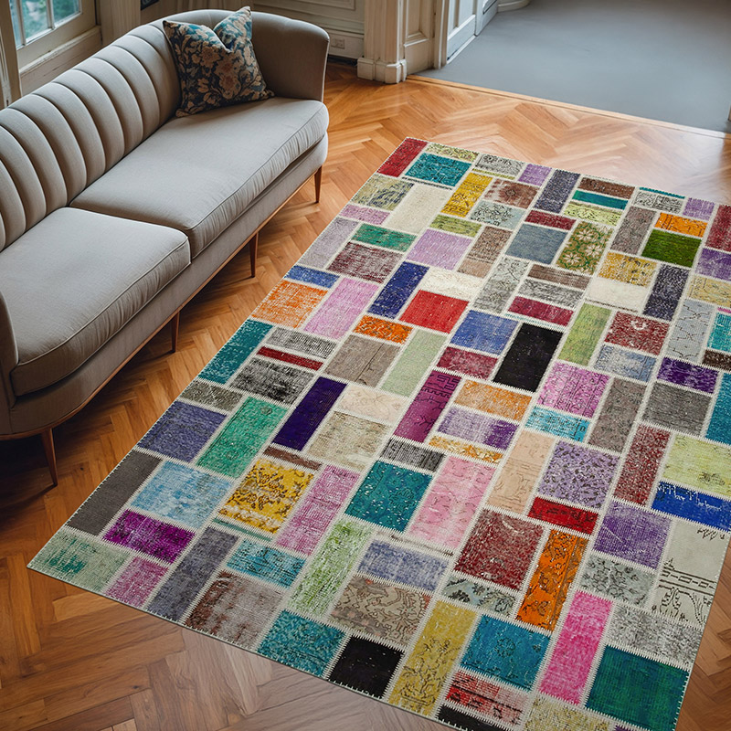 Multicolor Patchwork Hand-Knotted Turkish Rug - 6' 11" x 9' 9" (83" x 117") - K0051118