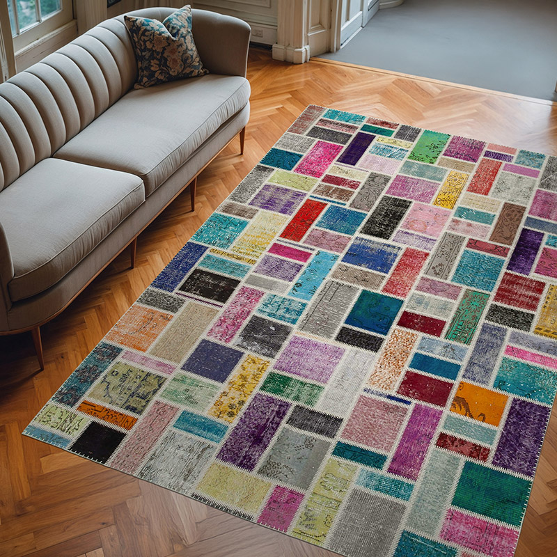 Multicolor Patchwork Hand-Knotted Turkish Rug - 6' 10" x 9' 10" (82" x 118") - K0051119