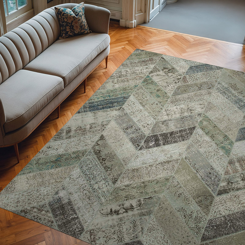 Gray Patchwork Hand-Knotted Turkish Rug - 8'  x 10' 1" (96" x 121") - K0051121