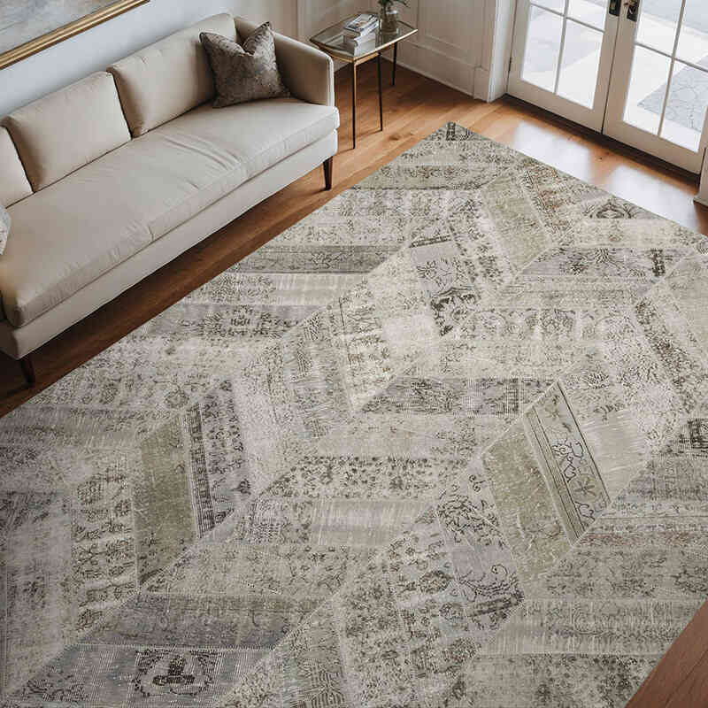 Gris Alfombra De Retazos Turca Sobre-teñida - 275 cm x 370 cm - K0051126