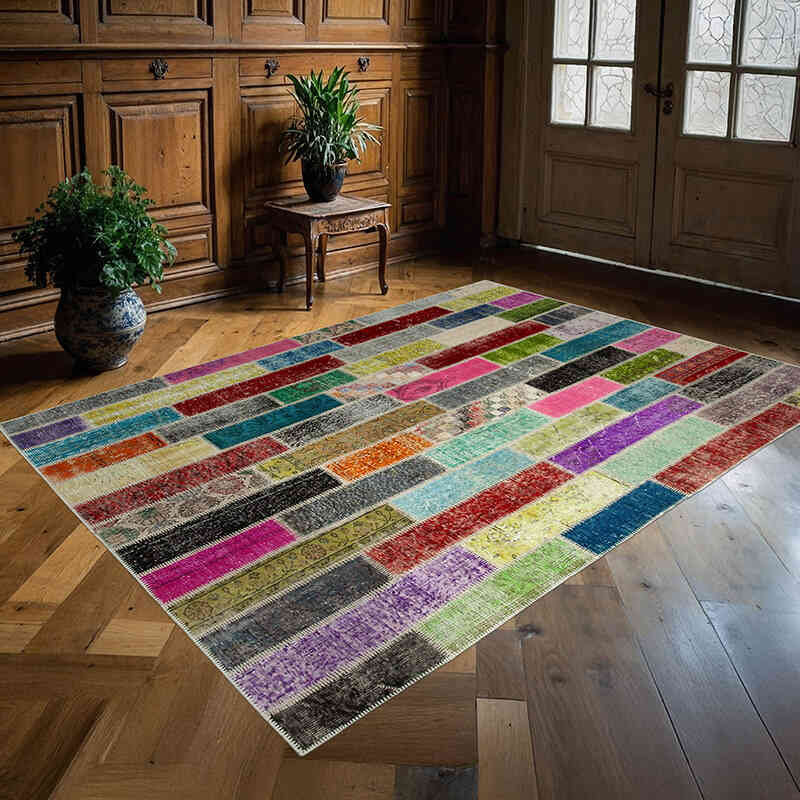 Multicolor Patchwork Hand-Knotted Turkish Rug - 5' 11" x 8'  (71" x 96") - K0051137