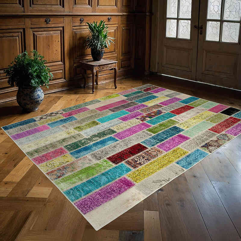 Multicolor Patchwork Hand-Knotted Turkish Rug - 5' 10" x 7' 7" (70" x 91") - K0051143