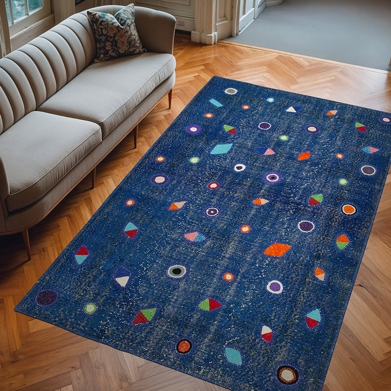 Azul Oscuro Alfombra De Retazos Turca Sobre-teñida - 171 cm x 271 cm - K0051150